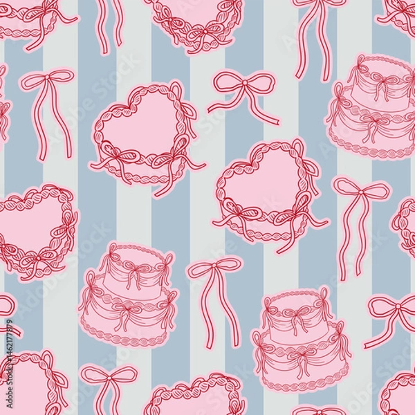 Fototapeta Vintage seamless pattern with elegant heart shaped cakes and bows on striped background. Elegant vector illustration in coquette aesthetic