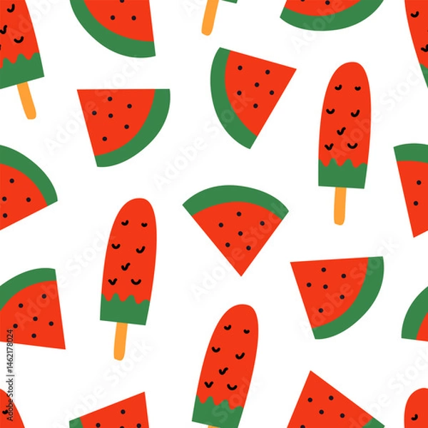 Fototapeta Seamless pattern with watermelon slices and ice cream. Vector flat summer background