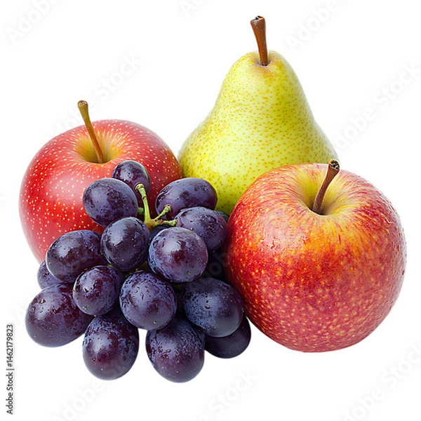 Fototapeta Three Apples and Two Pears with Grapes Isolated on Transparent Background