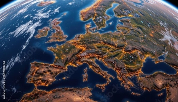Obraz Illuminated Europe at Night from Space with Detailed Topography