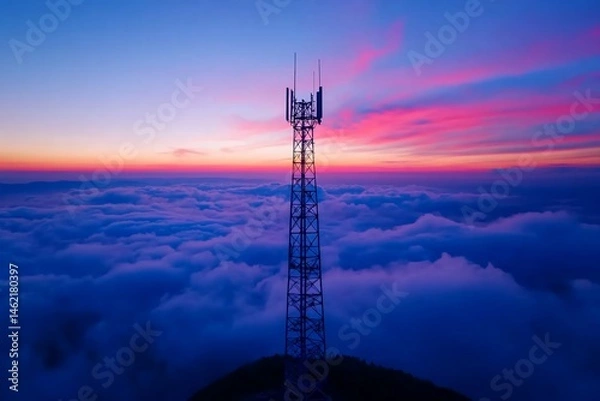 Fototapeta Telecommunications Tower Amidst a Sea of Clouds at a vibrant Sunset