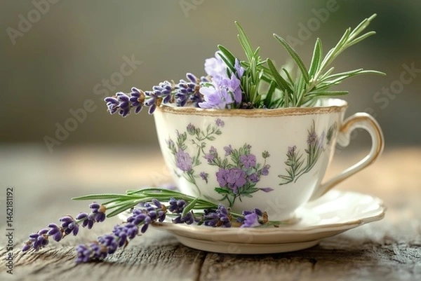 Fototapeta A charming vintage teacup filled with fresh lavender and a sprig of rosemary, offering a calm Mother’s Day moment