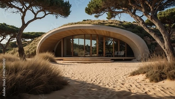 Fototapeta Biophilic shell-shaped cabin surrounded by nature and trees