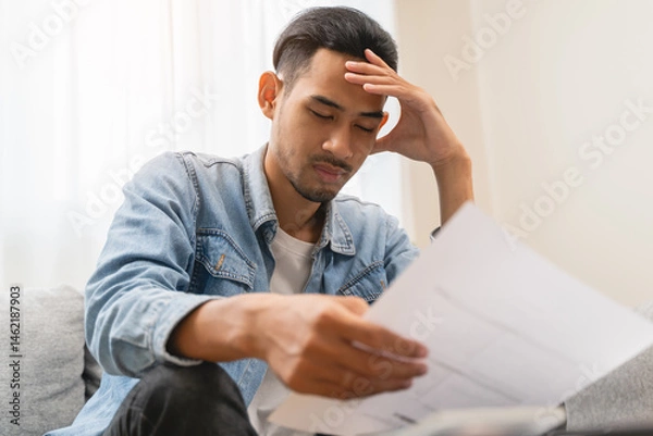 Fototapeta Household financial economic concept, Stressed Young Asian adults are looking at credit card bills issued documents, and apartment loan mortgages and worrying about having no money to pay.