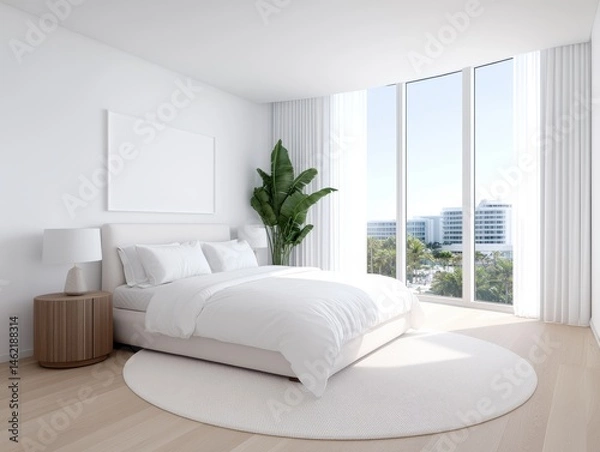 Fototapeta Modern, White Bedroom with City View