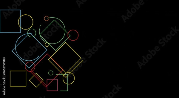 Fototapeta Geometric shapes in neon colors scattered on a black background creating an abstract design look