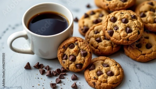 Fototapeta a tempting scene of a cup of freshly brewed coffee set next to a pile of decadent choco chip cookies, creating a delightful contrast of flavors and textures that is sure to satisfy any sweet tooth.