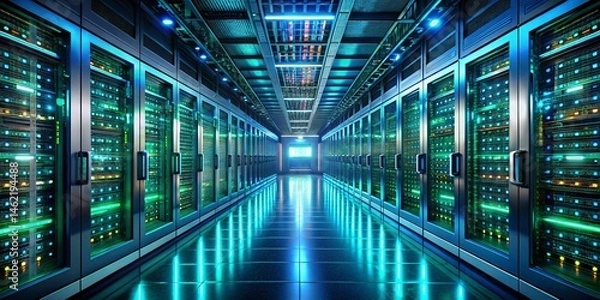 Obraz Futuristic Subterranean Server Room: Glowing Data Storage & Advanced Technology