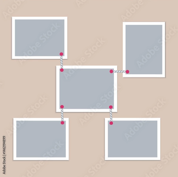 Fototapeta Set of 5 empty photo cards united with ropes. Mockup for photos, collages, cards, presentation. Creative Blank template. Photo frames with white frame on beige background. EPS10. 