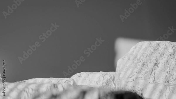 Fototapeta Bottle of perfume is shown on a rocky surface. The bottle is black and has a black cap. The bottle is placed on a rock, and the rock is surrounded by other mossy rocks. Premium photo 3d render.
