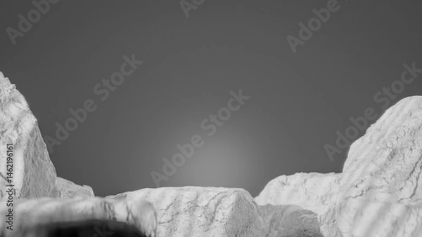 Fototapeta Bottle of perfume is shown on a rocky surface. The bottle is black and has a black cap. The bottle is placed on a rock, and the rock is surrounded by other mossy rocks. Premium photo 3d render.