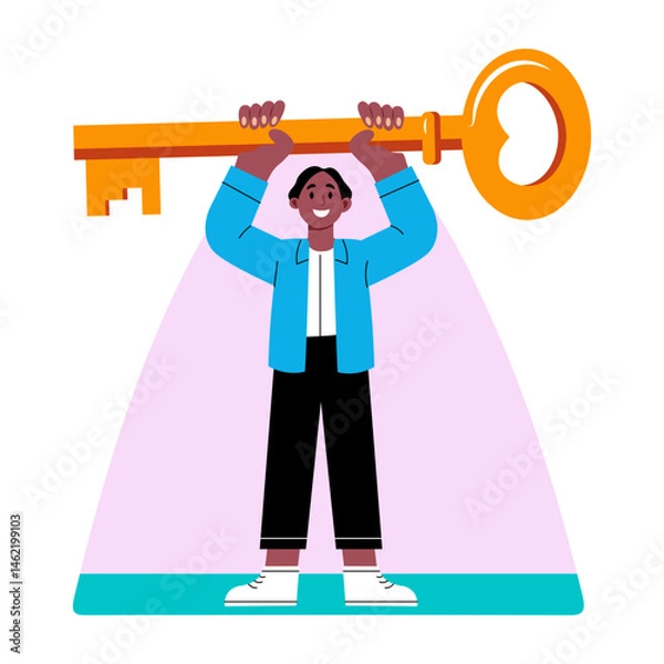 Obraz A student holding a key depicting unlock potential, flat illustration