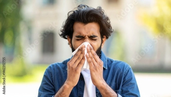 Fototapeta Man Sneezing in a White Handkerchief or Tissue - Symptoms of being Ill or Sick - Bacteria and Sinus Infection - Influenza, Flu, Covid, Common Cold, Germs, Hay Fever, Unwell, Runny Nose, Allergy