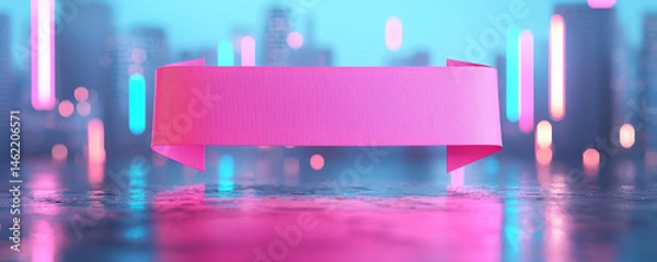 Fototapeta Vibrant pink ribbon banner stands prominently against blurred cityscape, illuminated by colorful neon lights, creating striking visual contrast