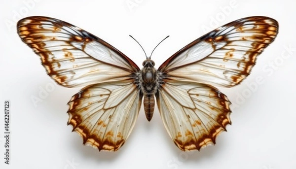 Fototapeta the intricate details of the butterfly's translucent wings are highlighted against the pure white background, creating a mesmerizing visual effect.