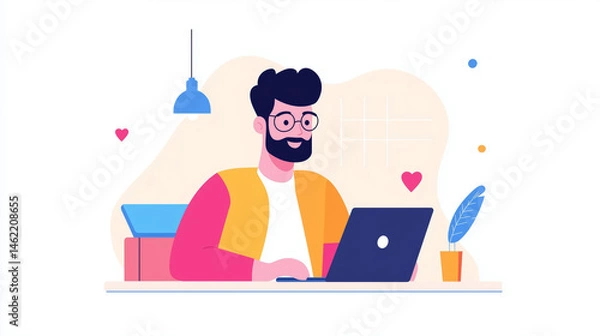 Fototapeta Cheerful office worker is unboxing new laptop while sitting at desk, surrounded by cozy workspace