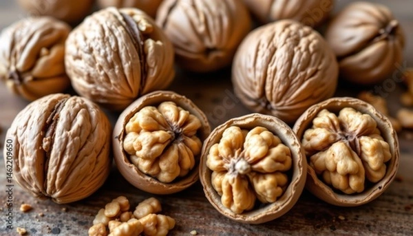 Fototapeta a group of walnuts in various stages of cracking, illustrating the process of accessing the nutritious nut inside the hard shell.