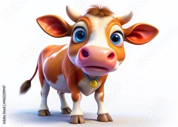 Obraz Happy Cartoon Cow, Panoramic View, Isolated on White Background - Farm Animal Illustration