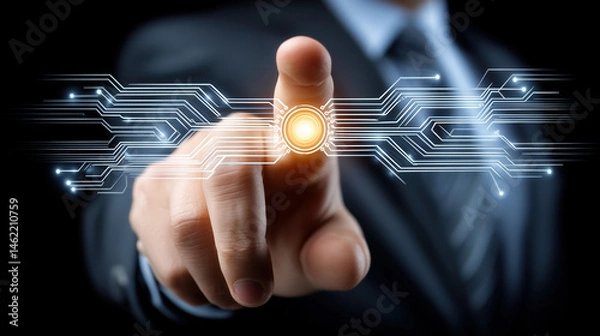 Fototapeta Finger Touching Glowing Circuit Point, Activating Digital Network