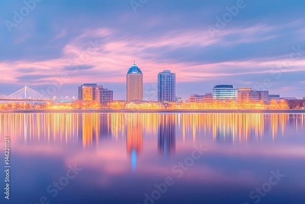 Fototapeta Serene cityscape at dawn, reflected in calm water