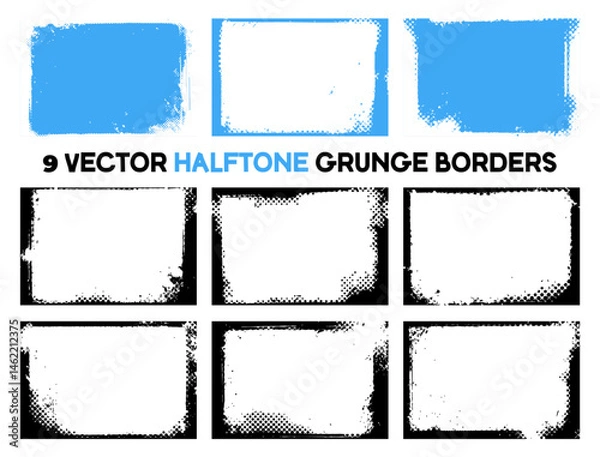 Fototapeta Set of 9 vector halftone grunge borders. Features distressed, edgy rectangular frames with dot patterns. Ideal for adding a retro or textured effect to designs, photos, and layouts.