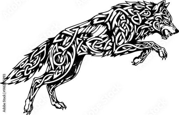 Fototapeta Black and white illustration of a leaping wolf with detailed Celtic knot patterns throughout its body, great for tattoo art or symbolic designs.