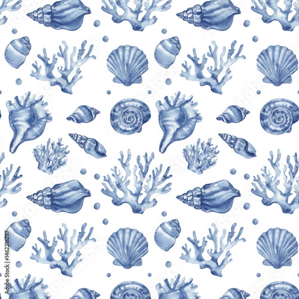 Fototapeta Watercolor sea shells and coral seamless pattern nautical ocean beach theme summer background marine illustration