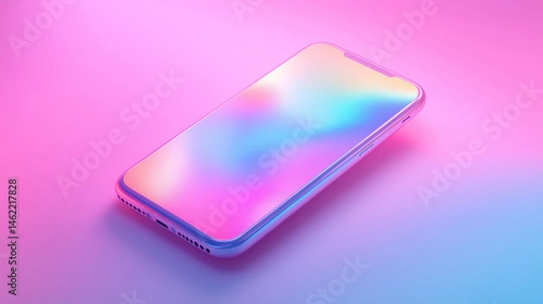 Fototapeta Sleek mobile phone with vibrant holographic display, showcasing blend of pink and blue colors, perfect for modern technology enthusiasts