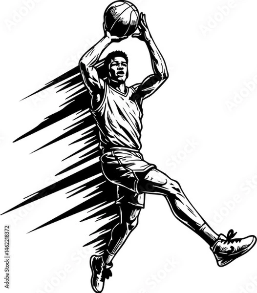 Obraz Dynamic vector illustration of a basketball player in action, leaping to score with motion lines. Ideal for sports design and athletic themes.