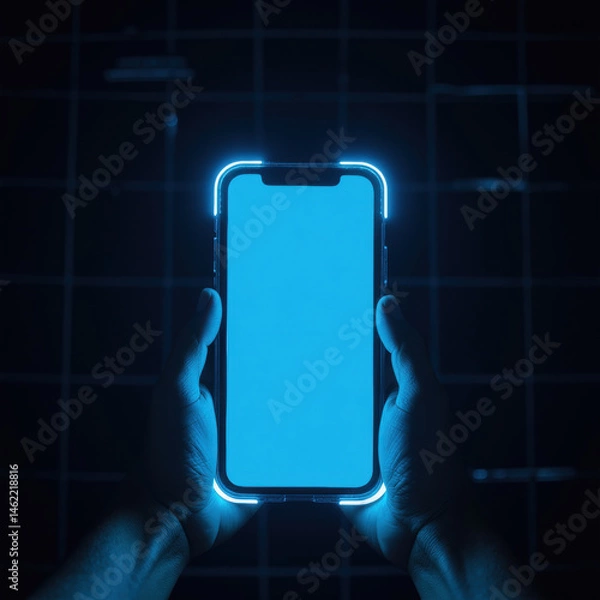 Obraz glowing smartphone held in hands against dark grid background, showcasing modern technology and digital innovation