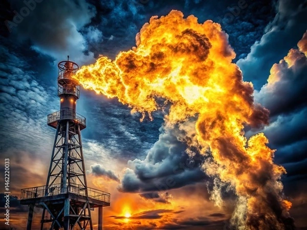 Obraz Industrial Flare Stack Double Exposure: Gas Combustion & Night Sky, Natural Gas Processing Plant