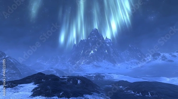 Obraz Frozen mountain range illuminated by celestial beams.