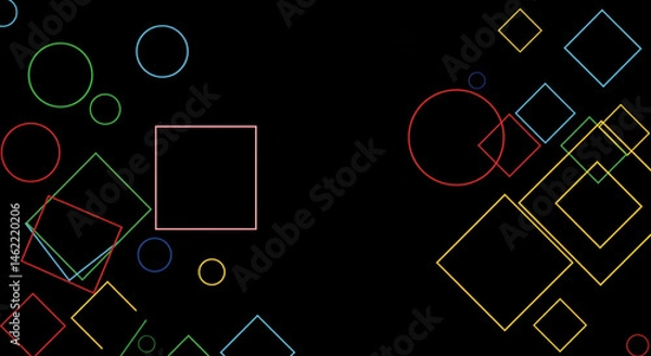 Fototapeta Geometric shapes floating on a black background with circles and squares in various colors and sizes