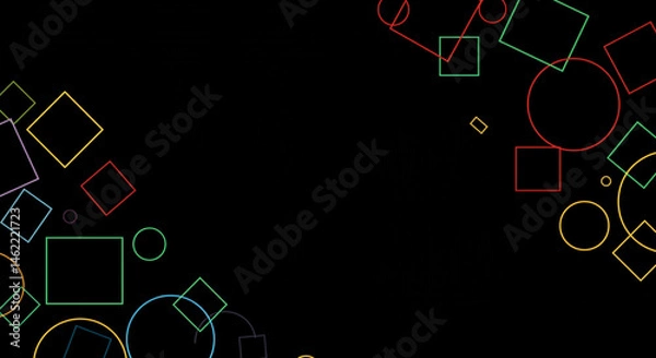 Fototapeta Abstract geometric design featuring colorful circles and squares on a black background space