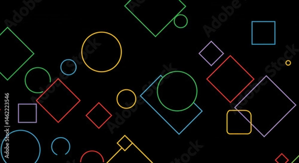 Fototapeta Colorful outlines of squares and circles scattered randomly on a black background creating an abstract design