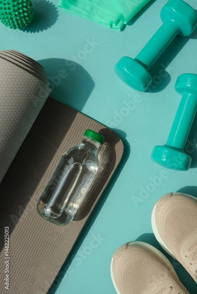 Obraz Sport or workout concept flat lay with blue dumbbells, bottle of water, sneakers, and yoga mat on the blue teal background. 