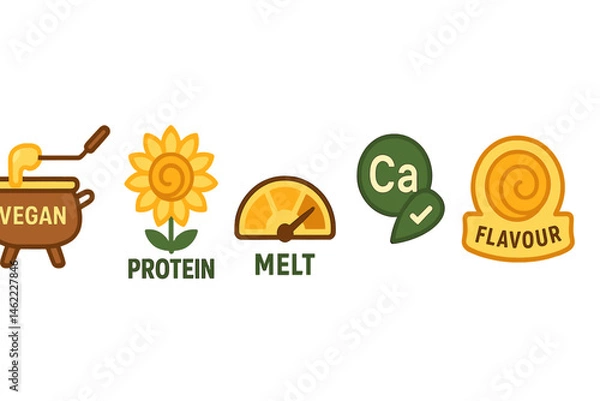 Fototapeta Icons for fondue plants are represented by a pot, swirl, gauge, tick, and badge