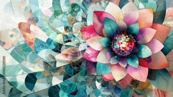 Fototapeta Vibrant and intricate floral design featuring large, colorful flower center, surrounded by abstract shapes and patterns. composition showcases
