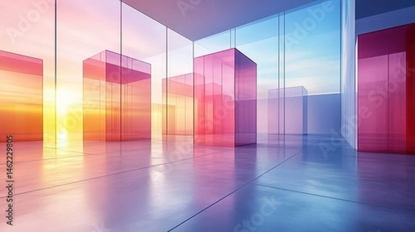 Fototapeta Abstract Glass Structures with Colorful Reflections at Sunset