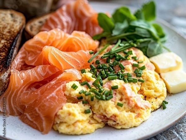 Fototapeta Fluffy scrambled eggs smoked salmon fresh chives and a side of buttery toast served on a clean white plate with a touch of elegance