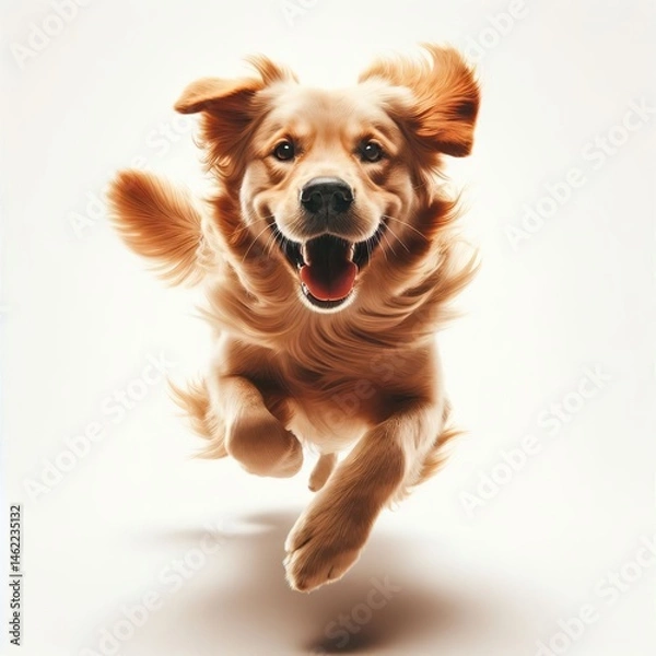 Obraz Happy golden retriever dog running happily towards the camera, fur flying, isolated on white background, full of energy and excitement, studio lighting, motion blur on paws.