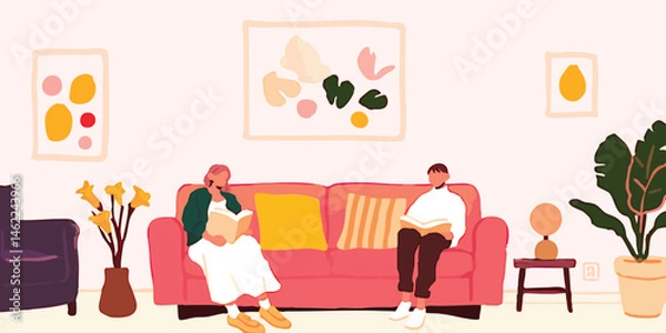 Fototapeta Cozy interior illustration with person enjoying quality time, embracing the peaceful moment with books in their hands. Peaceful scene of individuals reading indoors.