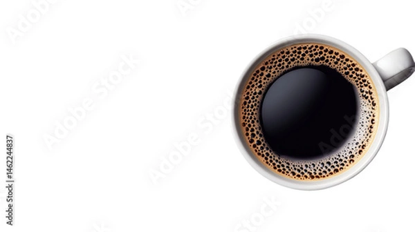 Fototapeta Coffee fills a white cup with small bubbles around the edge against a stark black background.