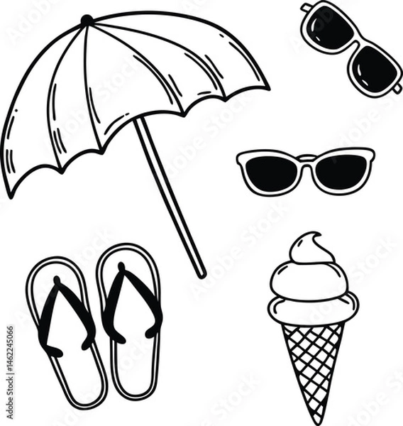 Fototapeta Flat style summer beach elements sihouette set