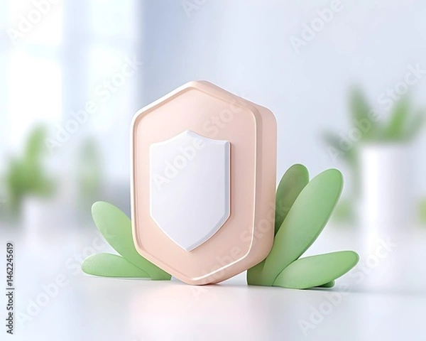 Fototapeta A peach-colored shield icon, with a smaller white shield inside, sits on a white surface amidst stylized green leaves
