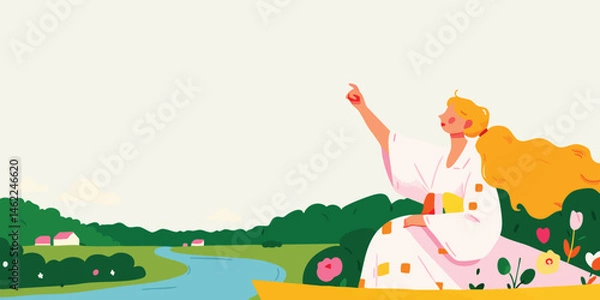 Obraz A girl with vibrant, flowing hair points towards the horizon,  immersed in the scenic panorama of a serene lake.