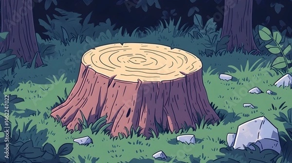 Fototapeta A tree stump sits in a forest clearing at dusk, surrounded by grass and rocks