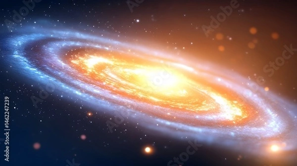Fototapeta A vibrant spiral galaxy, glowing with orange and blue hues, swirls in the vast dark expanse of space, speckled with distant stars