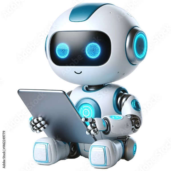 Obraz 3D CUTE Ai robot using tablet isolate on White background