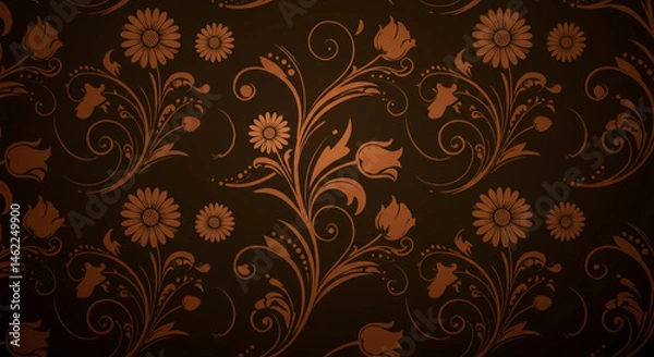 Fototapeta A dark brown background with a floral pattern featuring flowers and swirling vines in a lighter brown hue